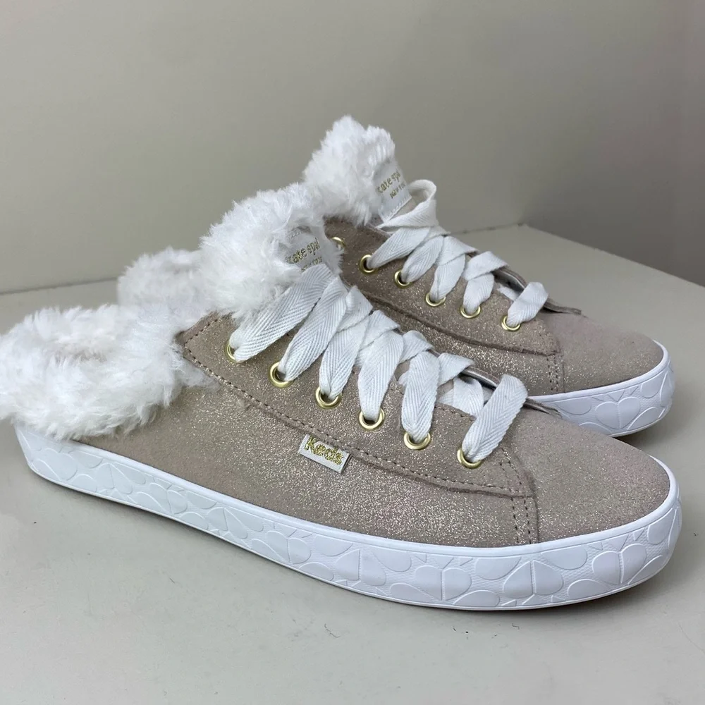 Kate Spade Keds Tan Sparkle Fur Trim Slip On Tennis Shoes size 7 - Picture 2 of 9